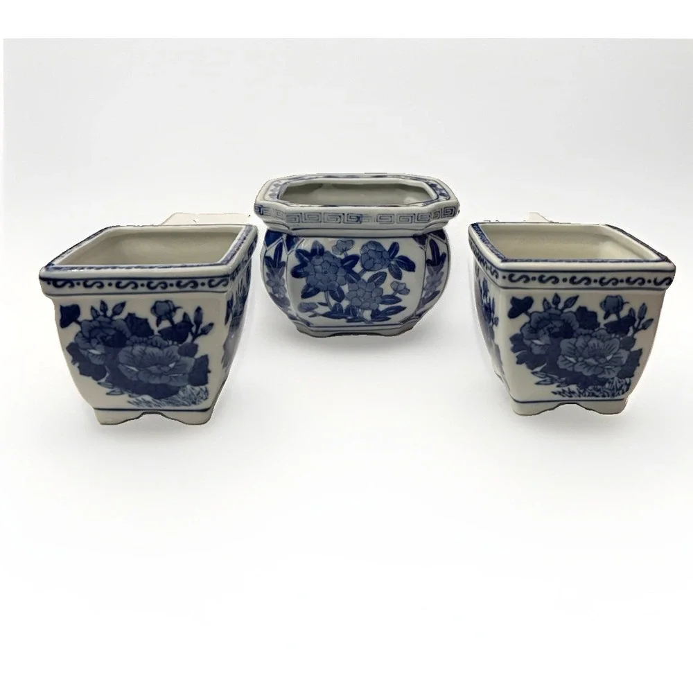 Vintage ASIAN ORIENTAL Blue White Porcelain Bonsai Planter Bowl Floral Set of 3
